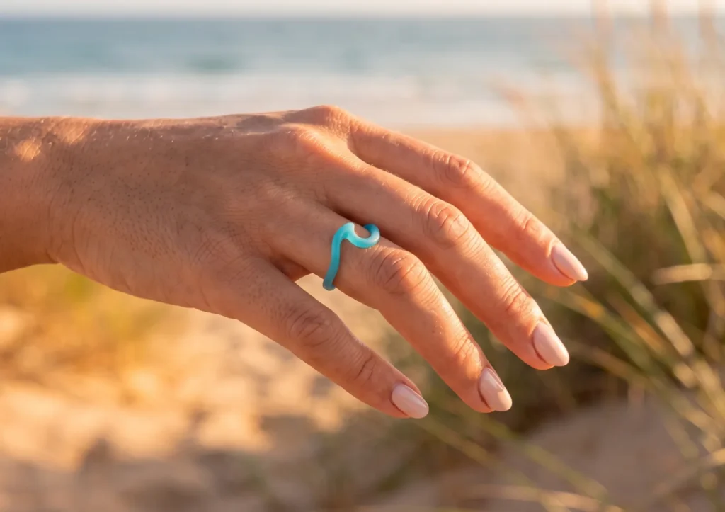 Mano con anillo Wave turquesa entre la hierba de las dunas