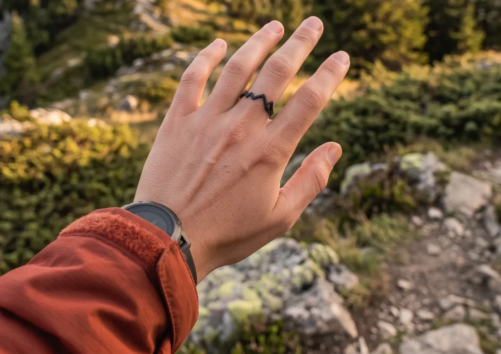 Mano con anillo Mountain negro sobre un paisaje de montaña