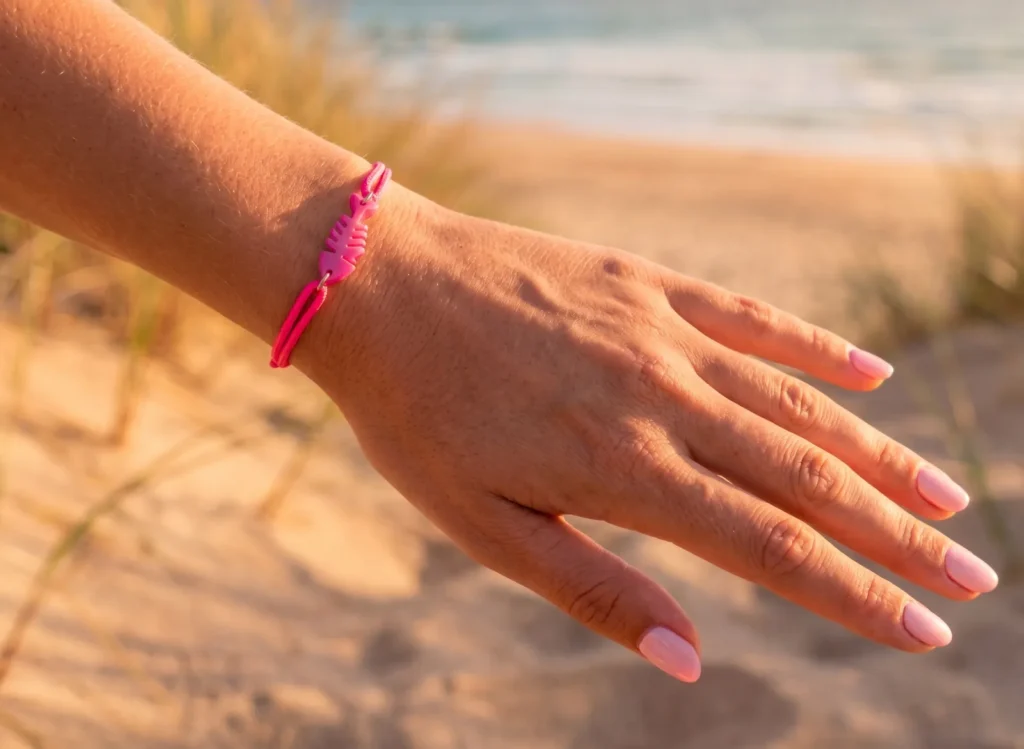 Mano con pulsera Fish fucsia sobre la arena de las dunas